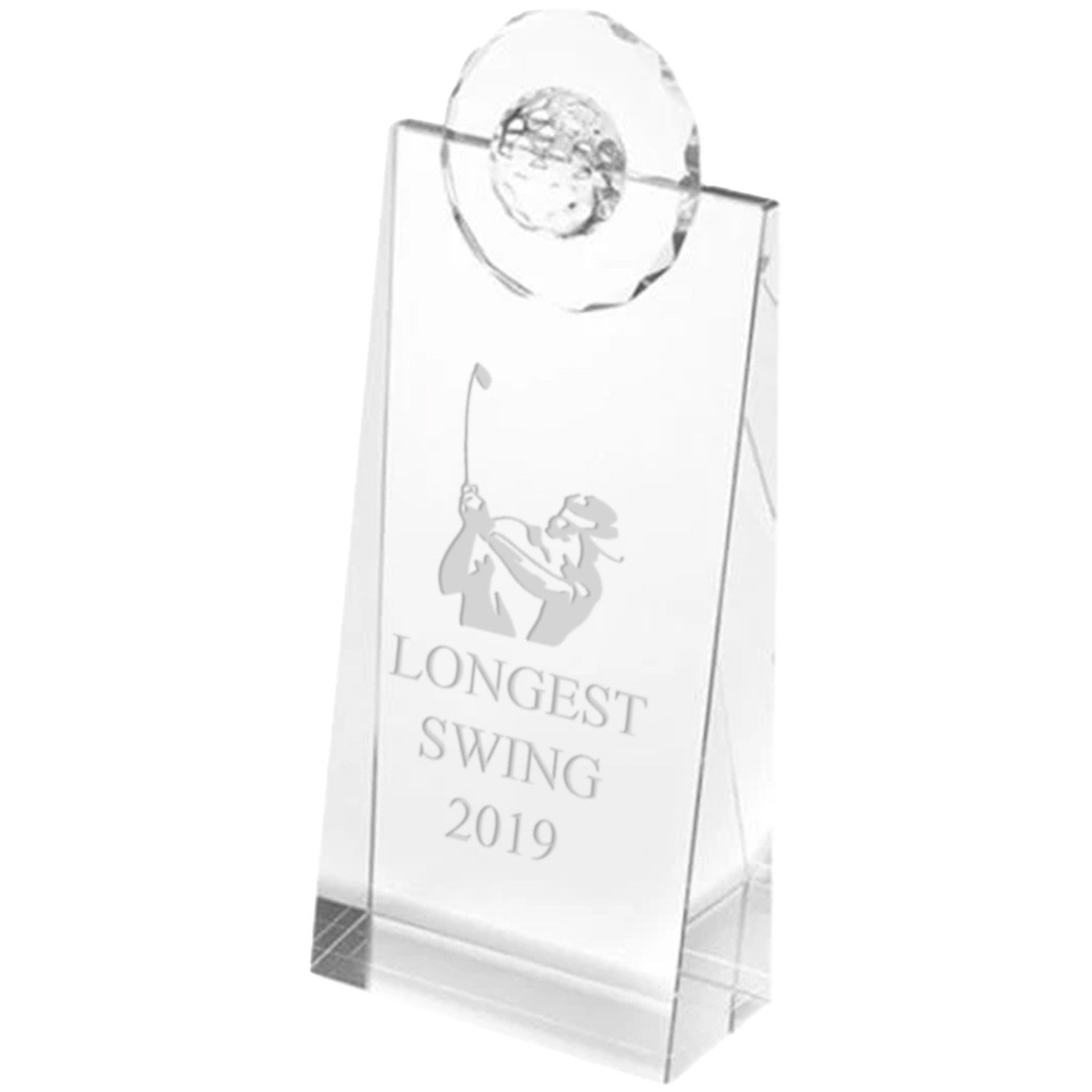 A clear glass trophy with a golfer holding a golf club and a golf ball.