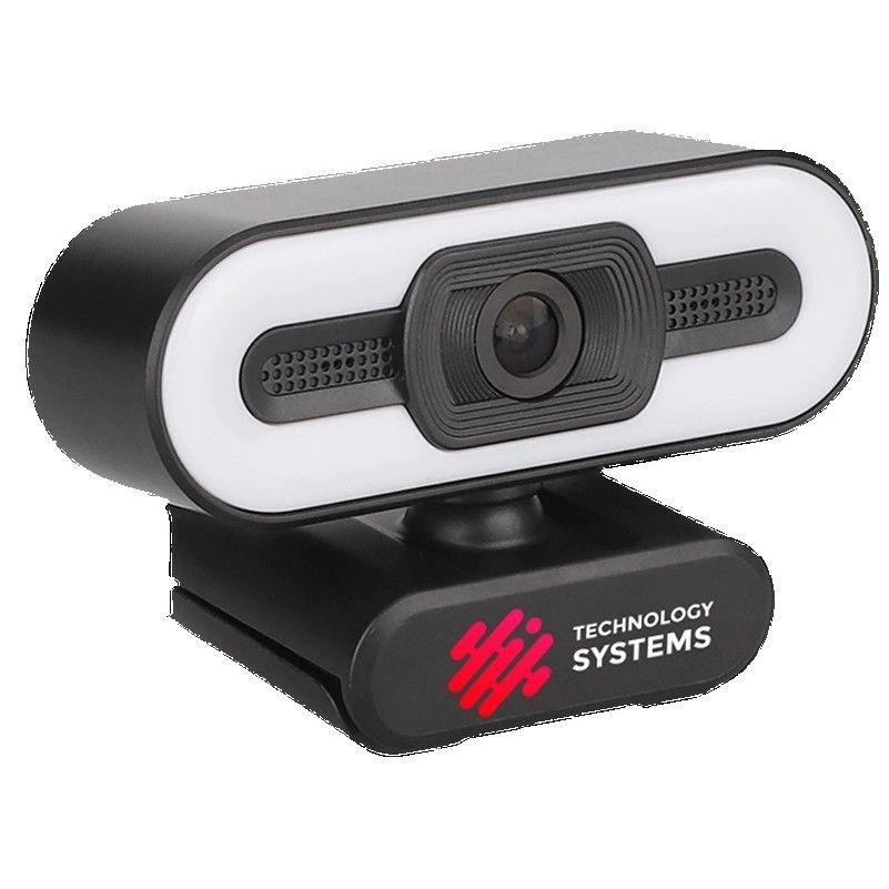 A technology systems webcam is sitting on a white surface.