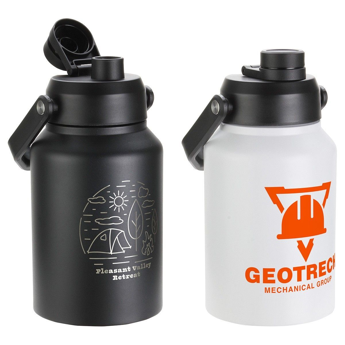 A black and white water bottle with the word geotree on it