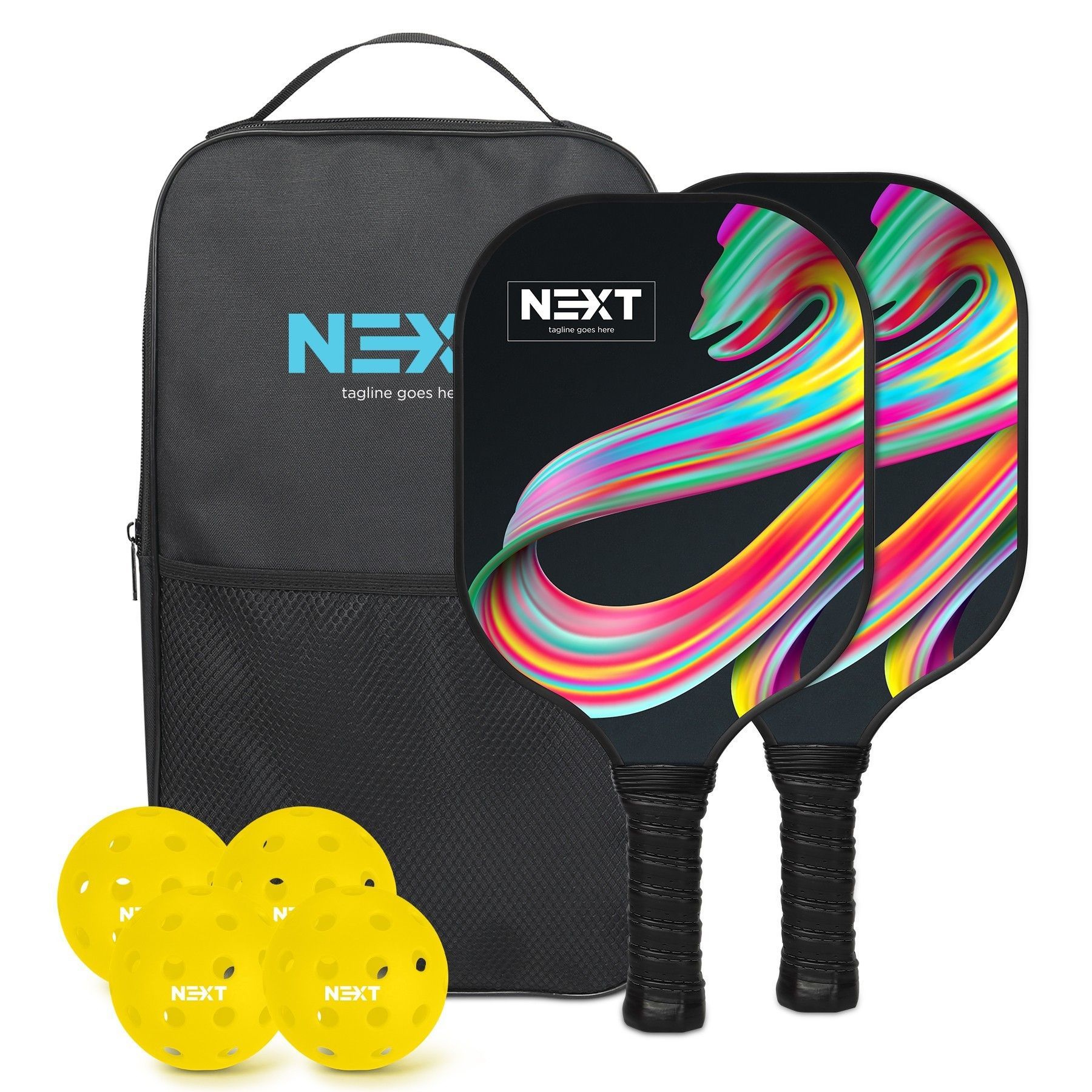 A pair of paddleballs and a bag with the word next on it