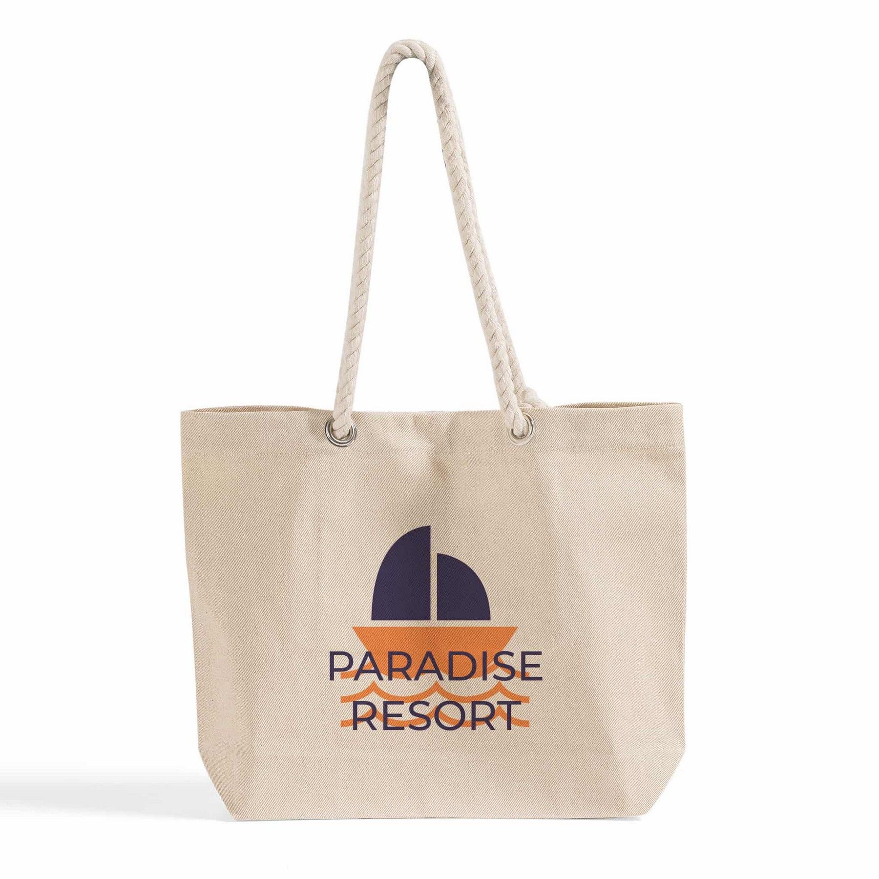 A tote bag with the words `` paradise resort '' embroidered on it.