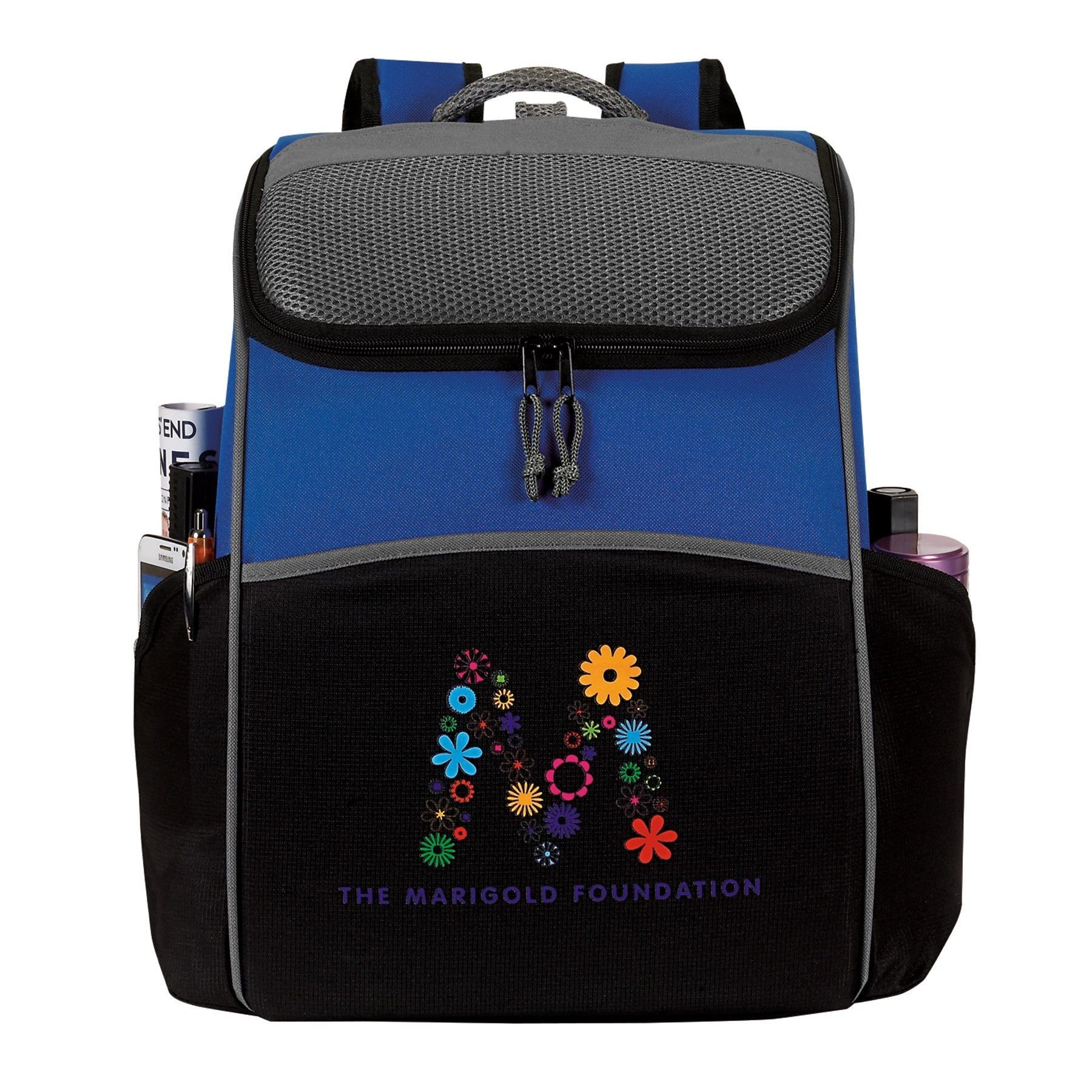 A blue and black backpack from the marigold foundation