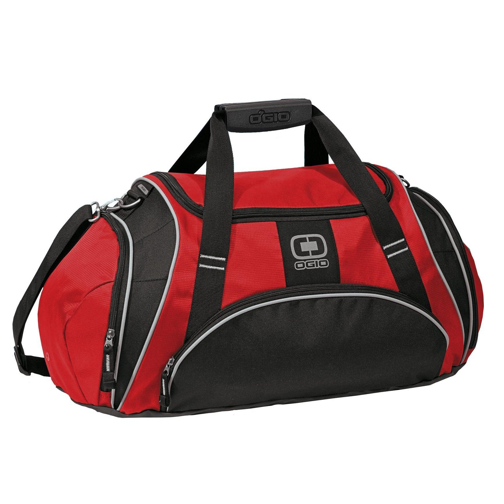 A red and black duffel bag from ogio