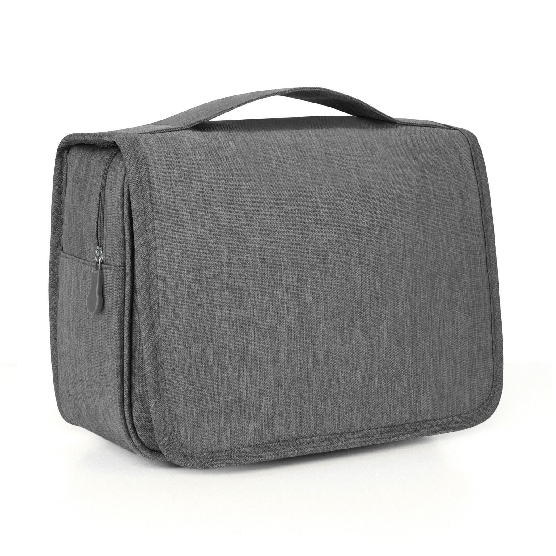 A gray hanging toiletry bag with a handle on a white background.