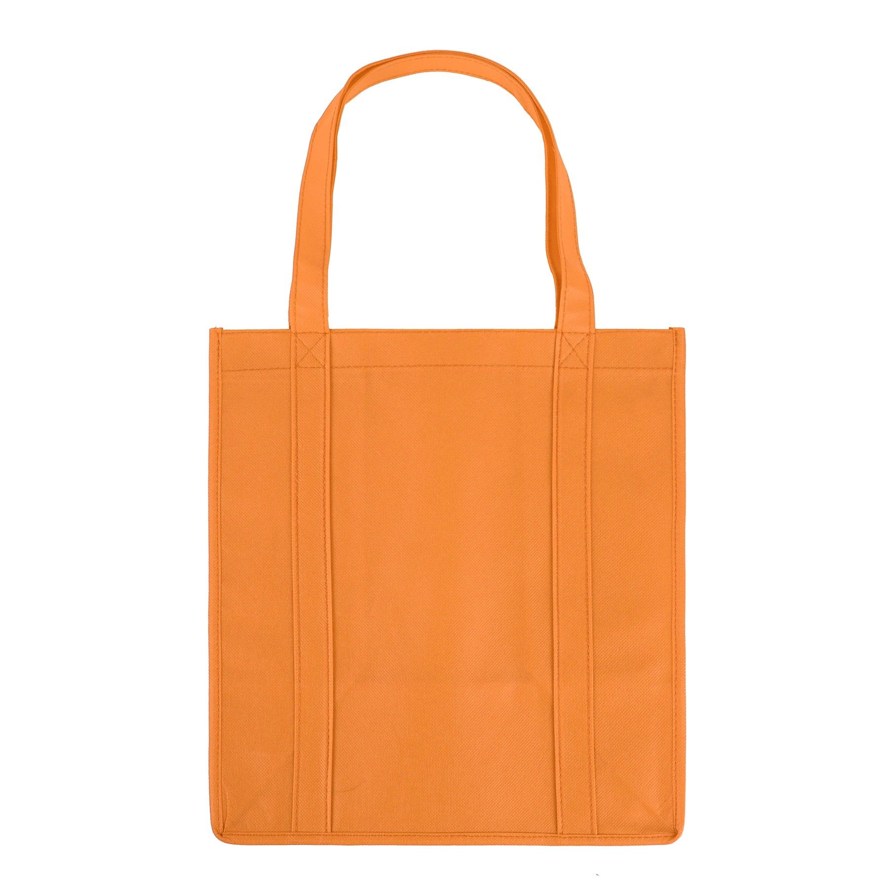 An orange tote bag with a handle on a white background