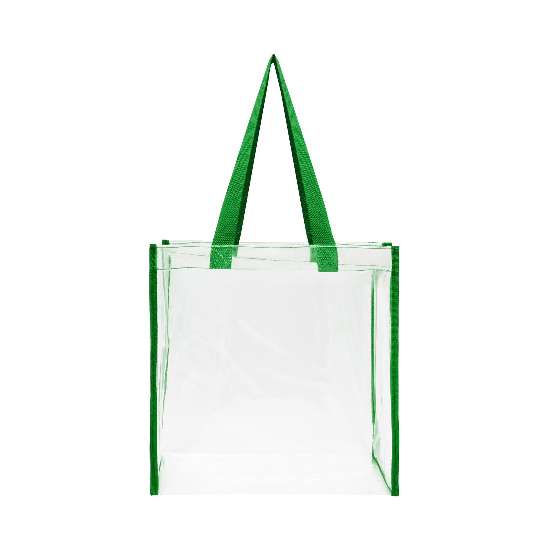 A clear tote bag with green handles on a white background.