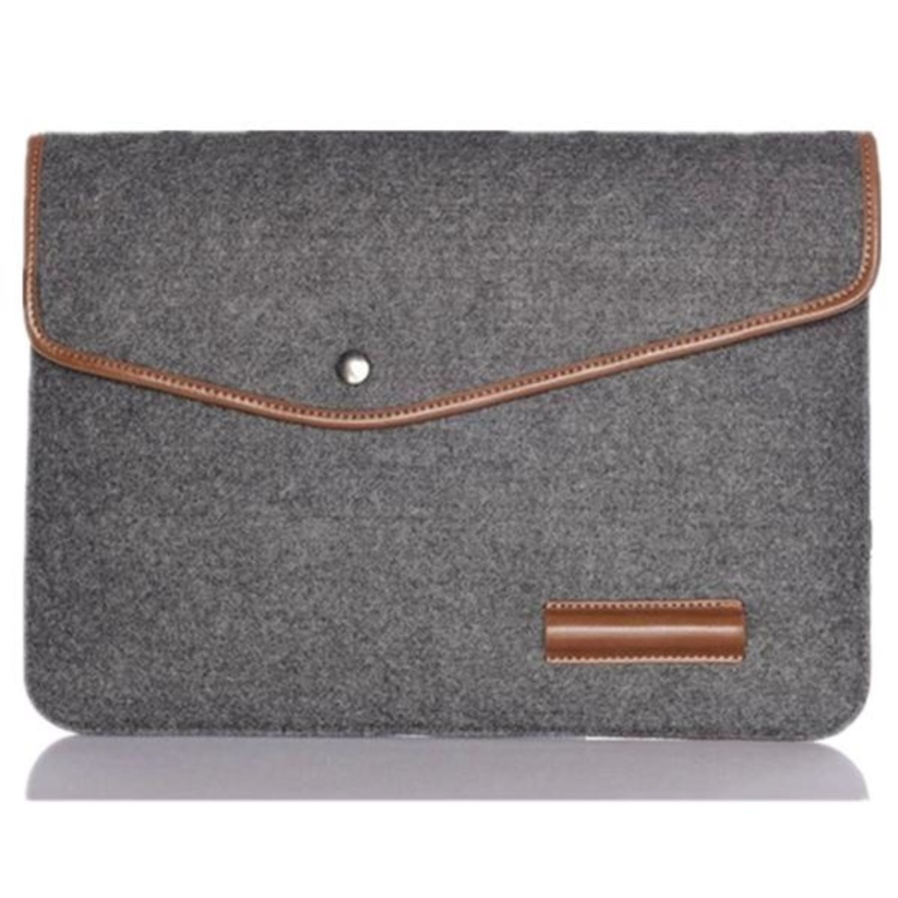 A gray felt envelope bag with a brown leather trim.