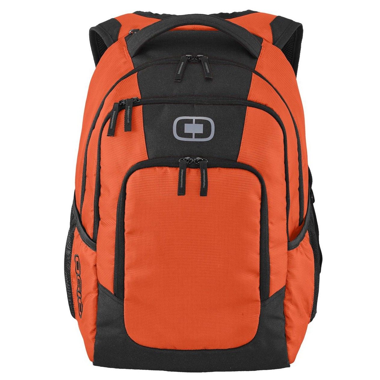 An orange and black ogio backpack on a white background