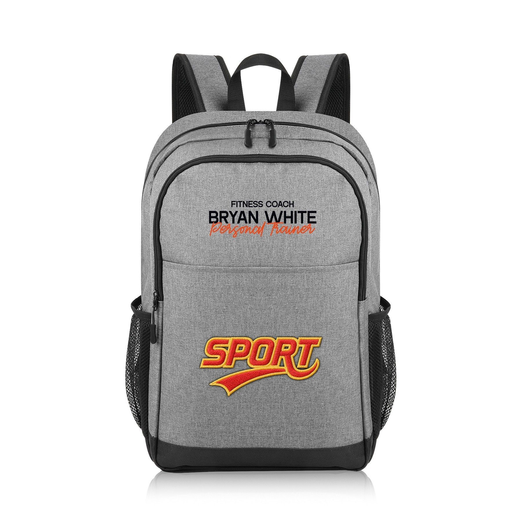 A gray backpack with the word sport embroidered on it.