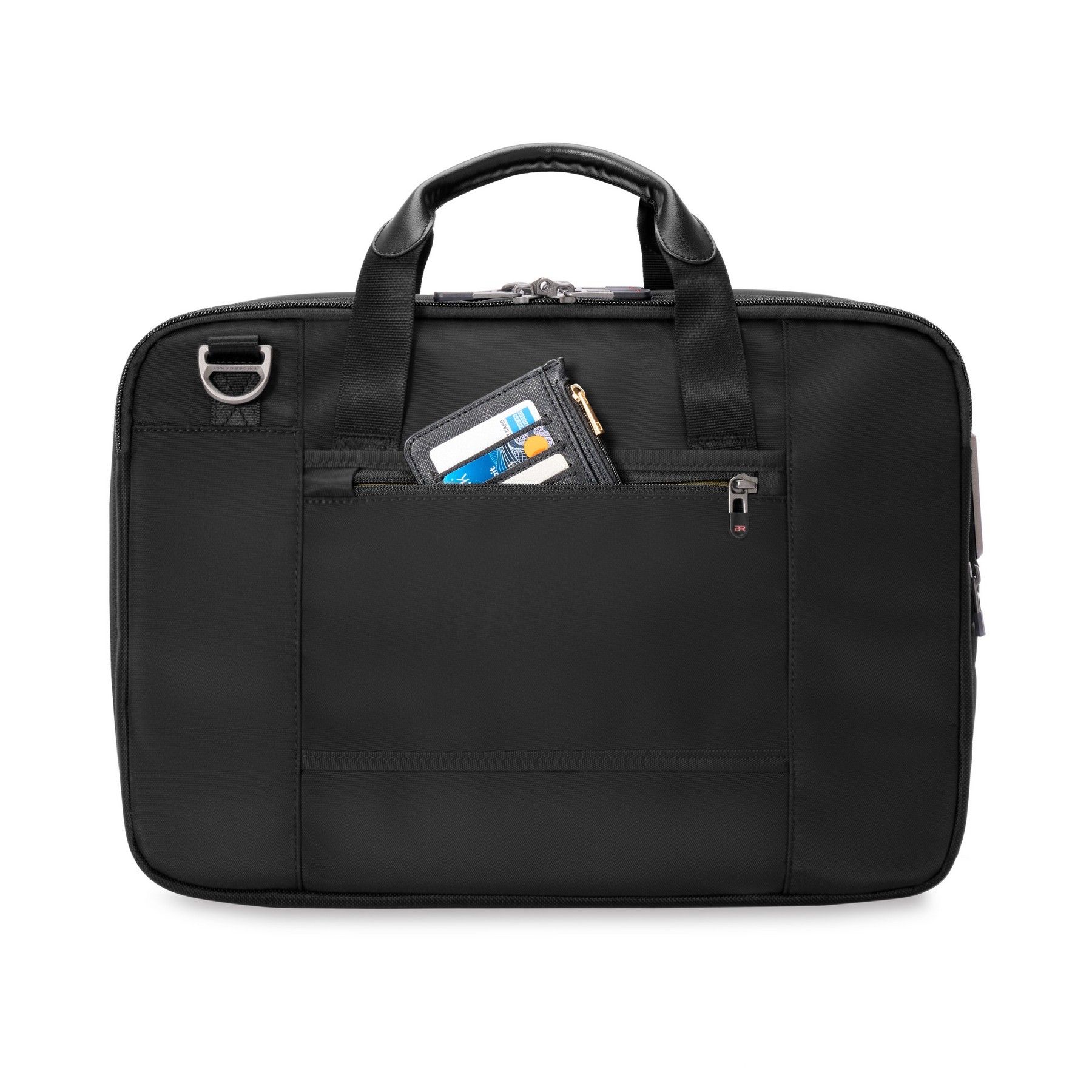 A black briefcase with a wallet in the pocket.