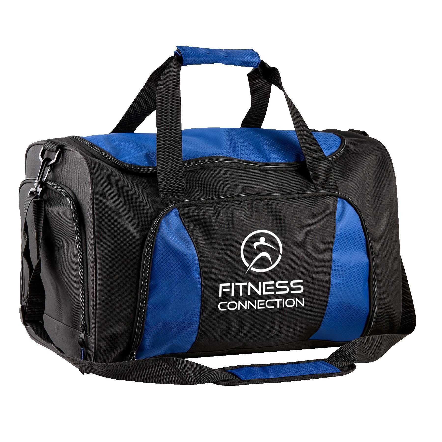 A black and blue duffel bag that says fitness connection