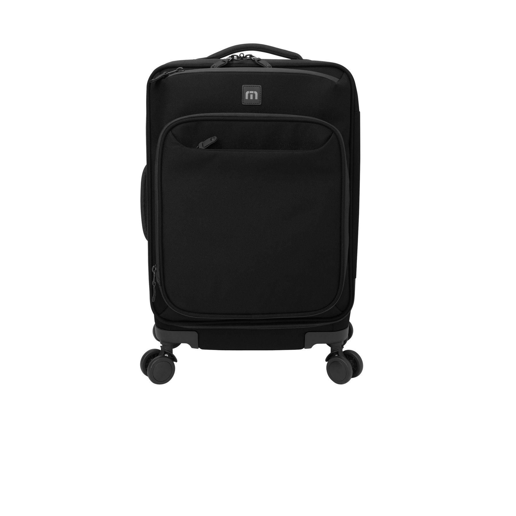 A black suitcase with wheels on a white background