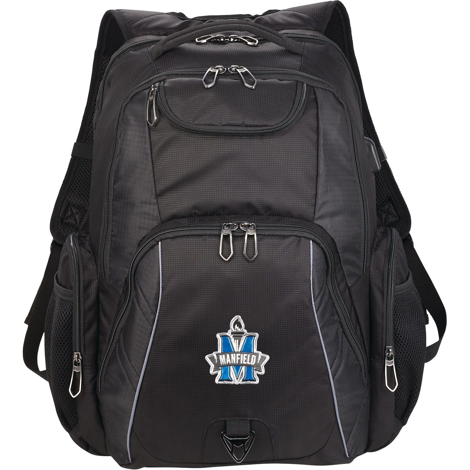A black backpack with the letter m on it