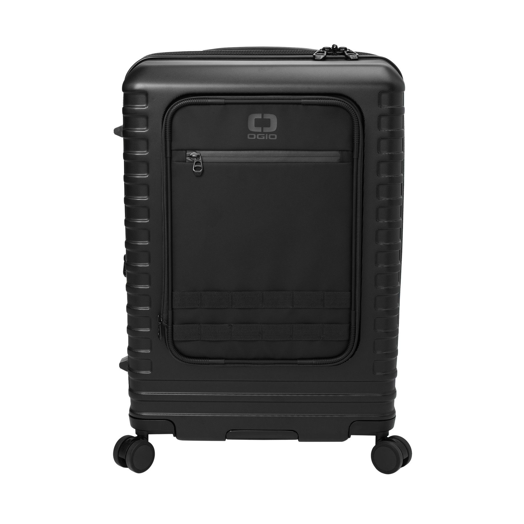 A black suitcase with wheels and a pocket on the side.