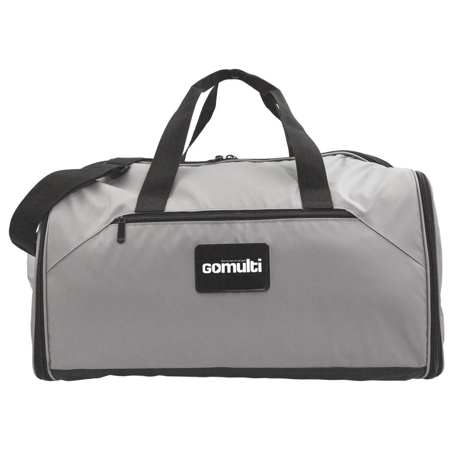 A grey duffel bag that says gomulti on it