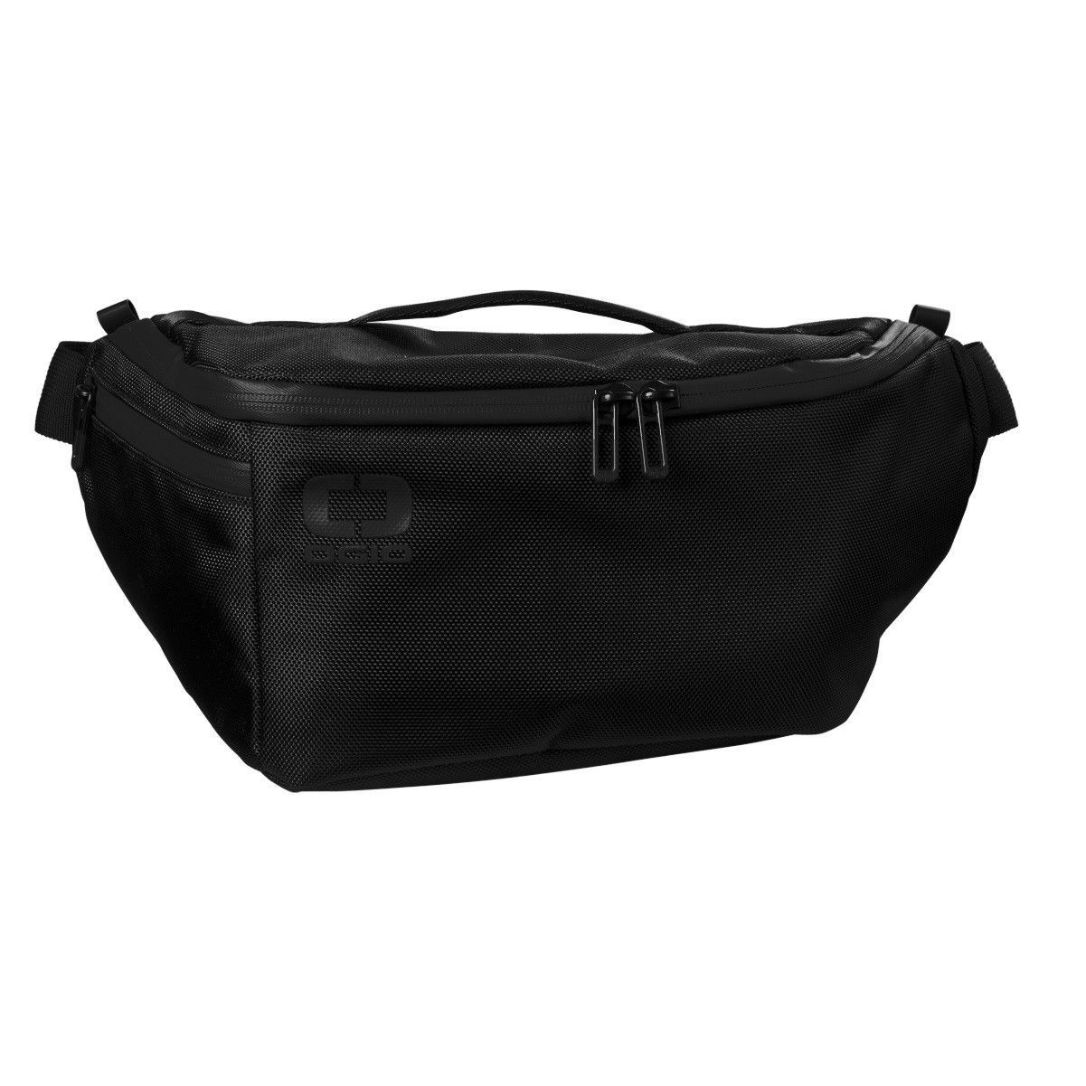 A black waist bag with a handle on a white background.