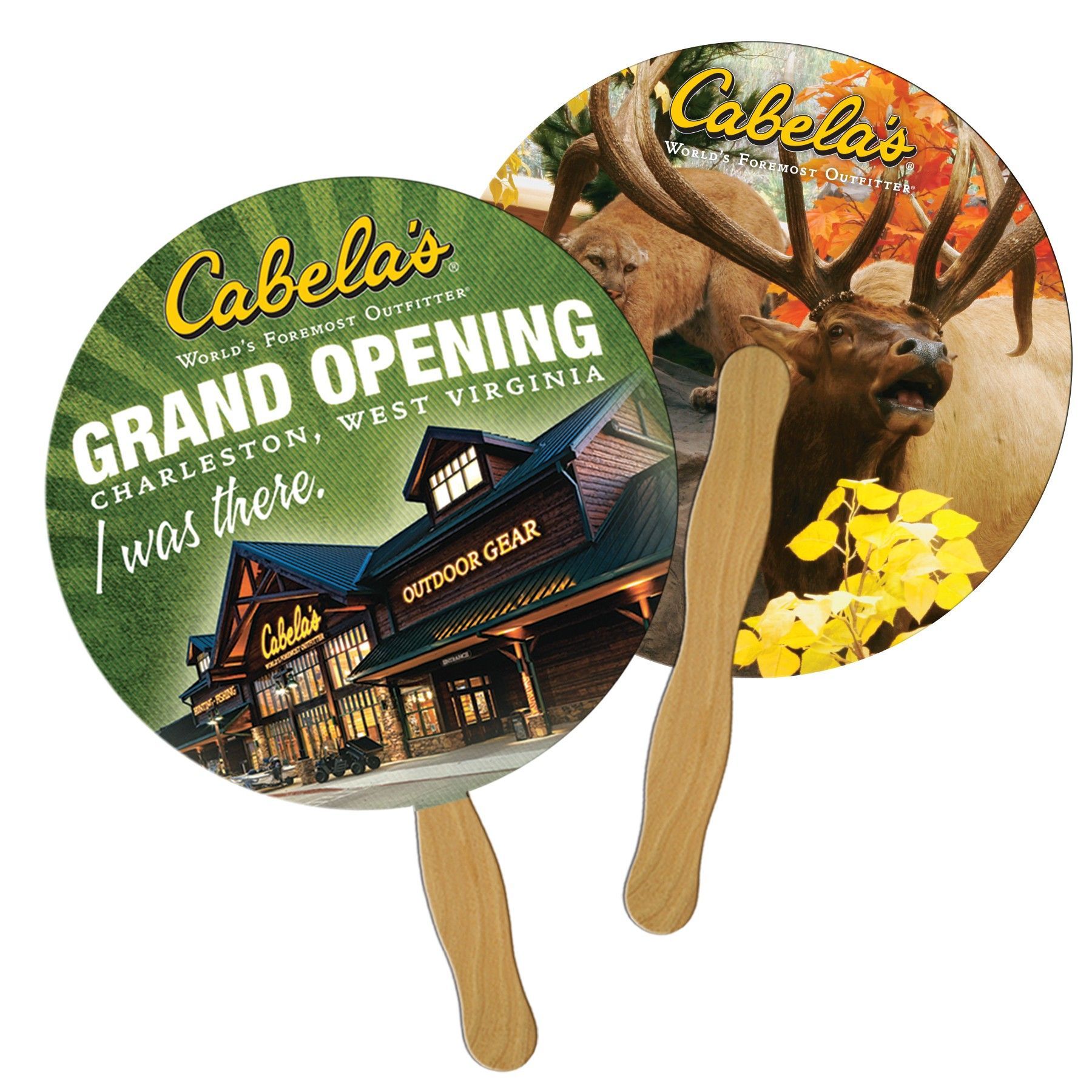 A fan that says cabela 's grand opening on it