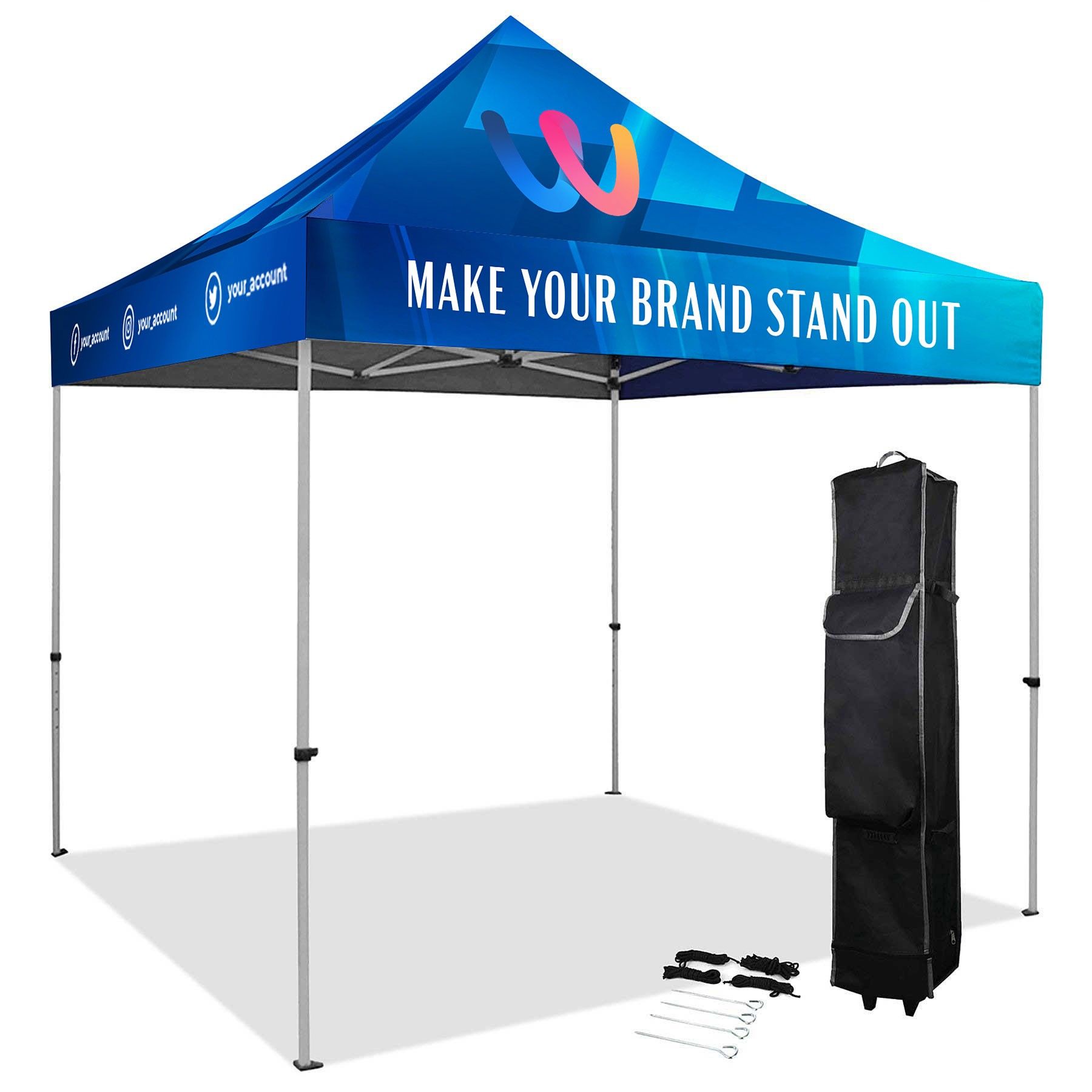 A blue canopy tent that says make your brand stand out