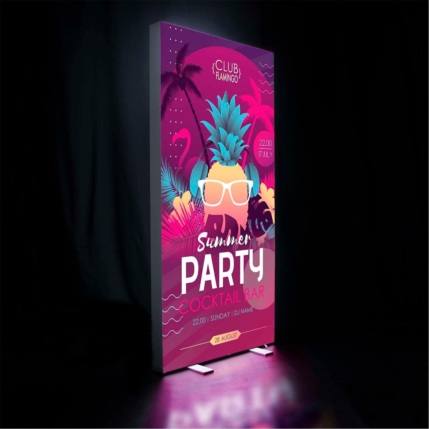 A poster for a party with a pineapple wearing sunglasses