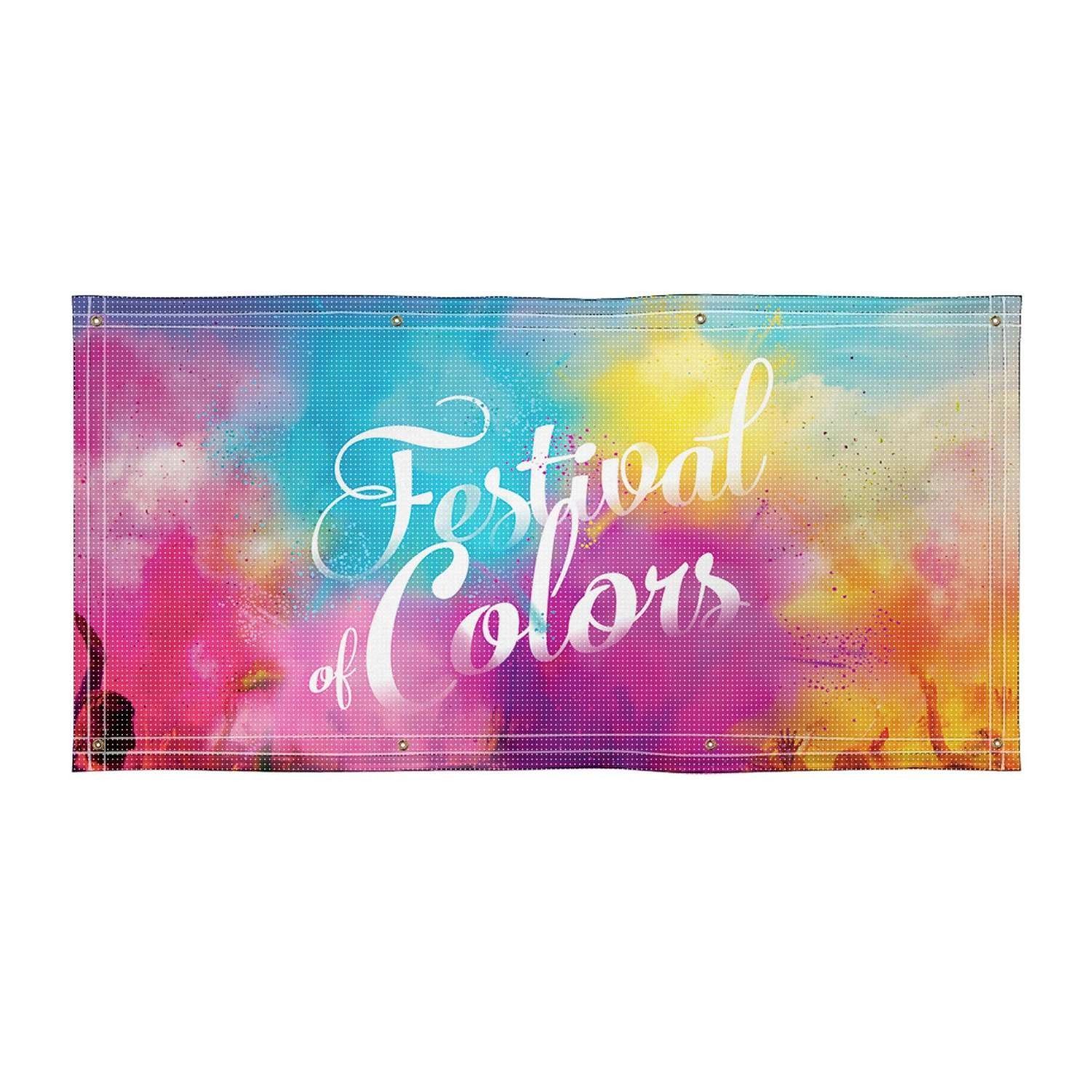 A banner for a festival of colors with a colorful background.