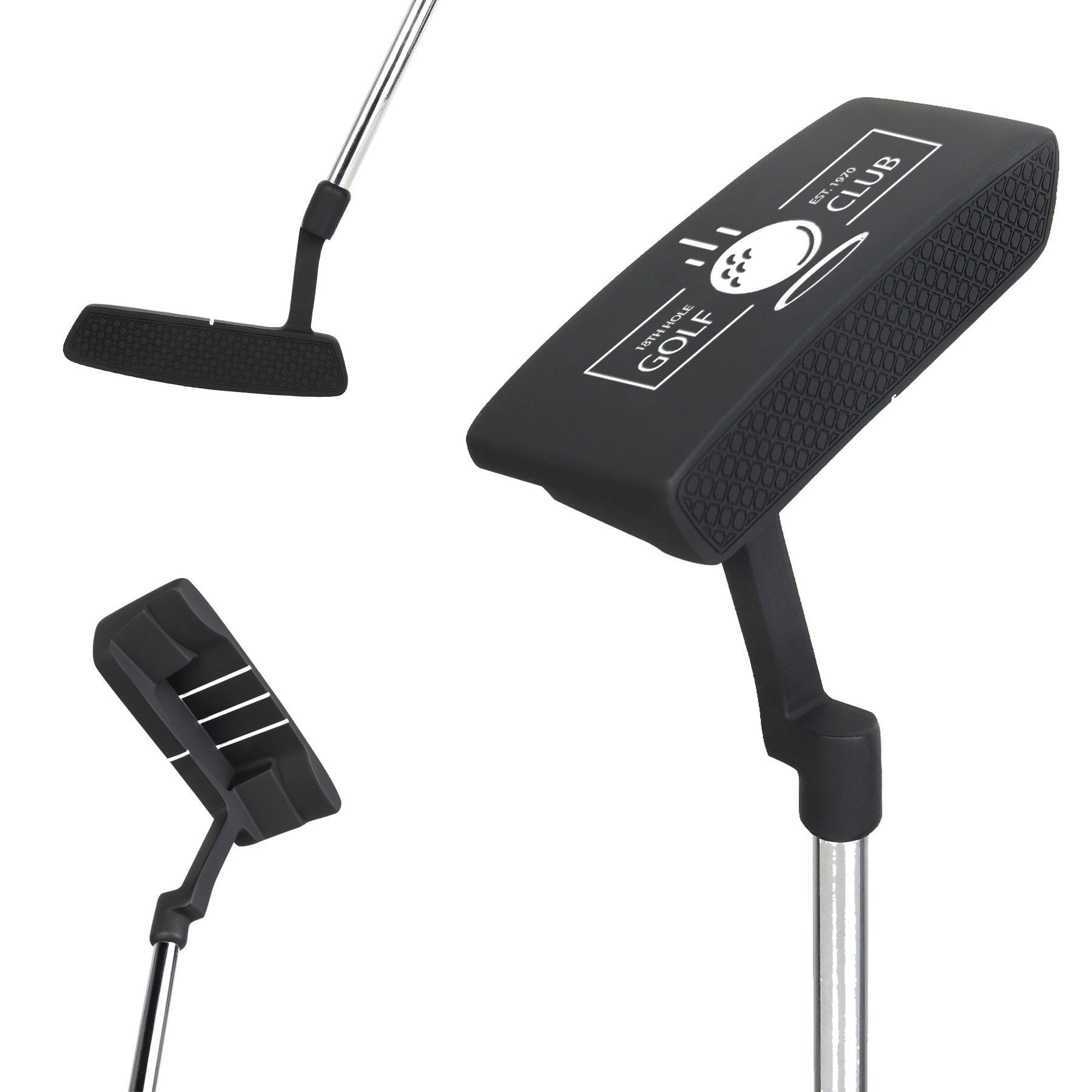 Three different views of a golf club on a white background