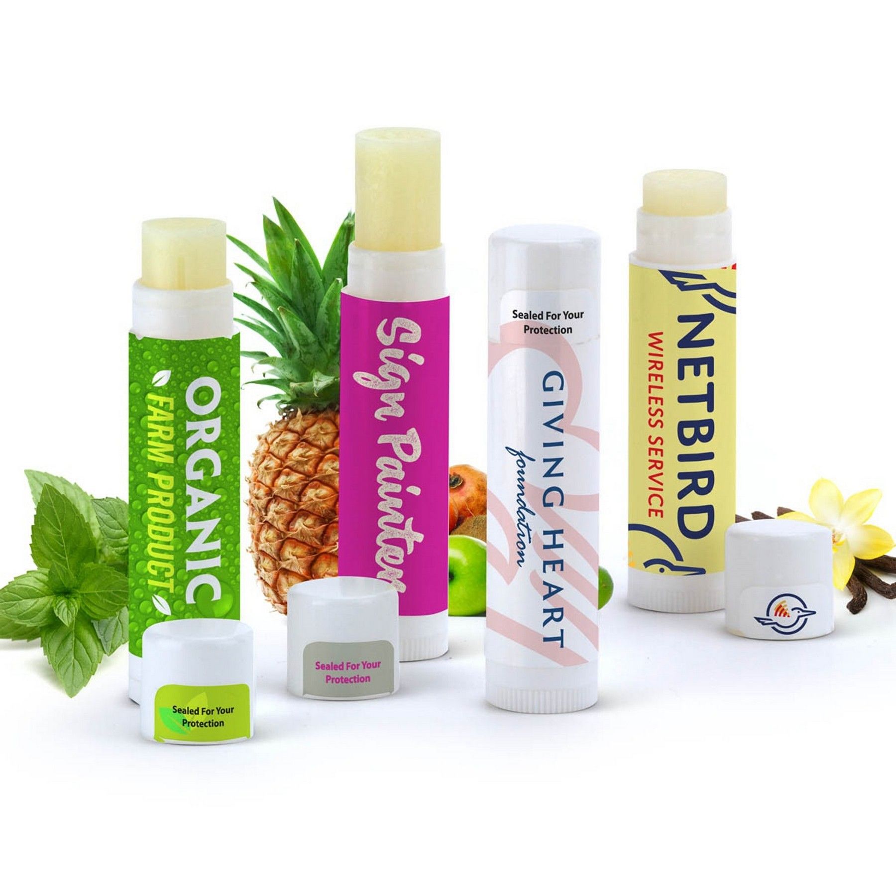 A group of lip balms are sitting next to each other on a table.