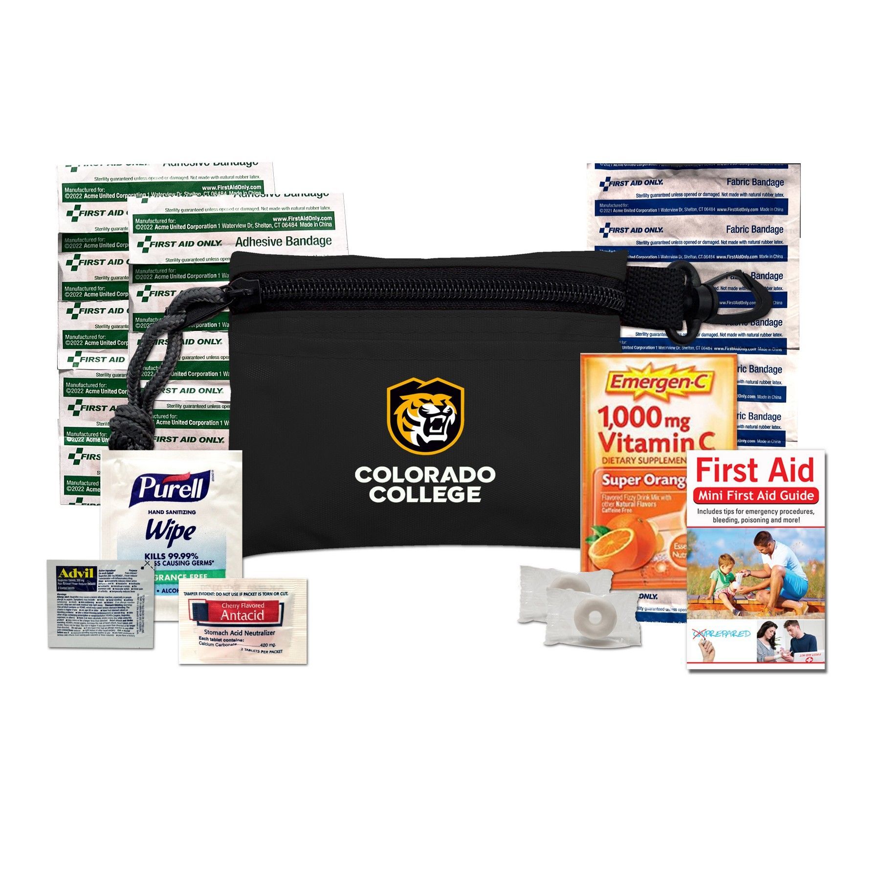 A first aid kit with a colorado college logo on it