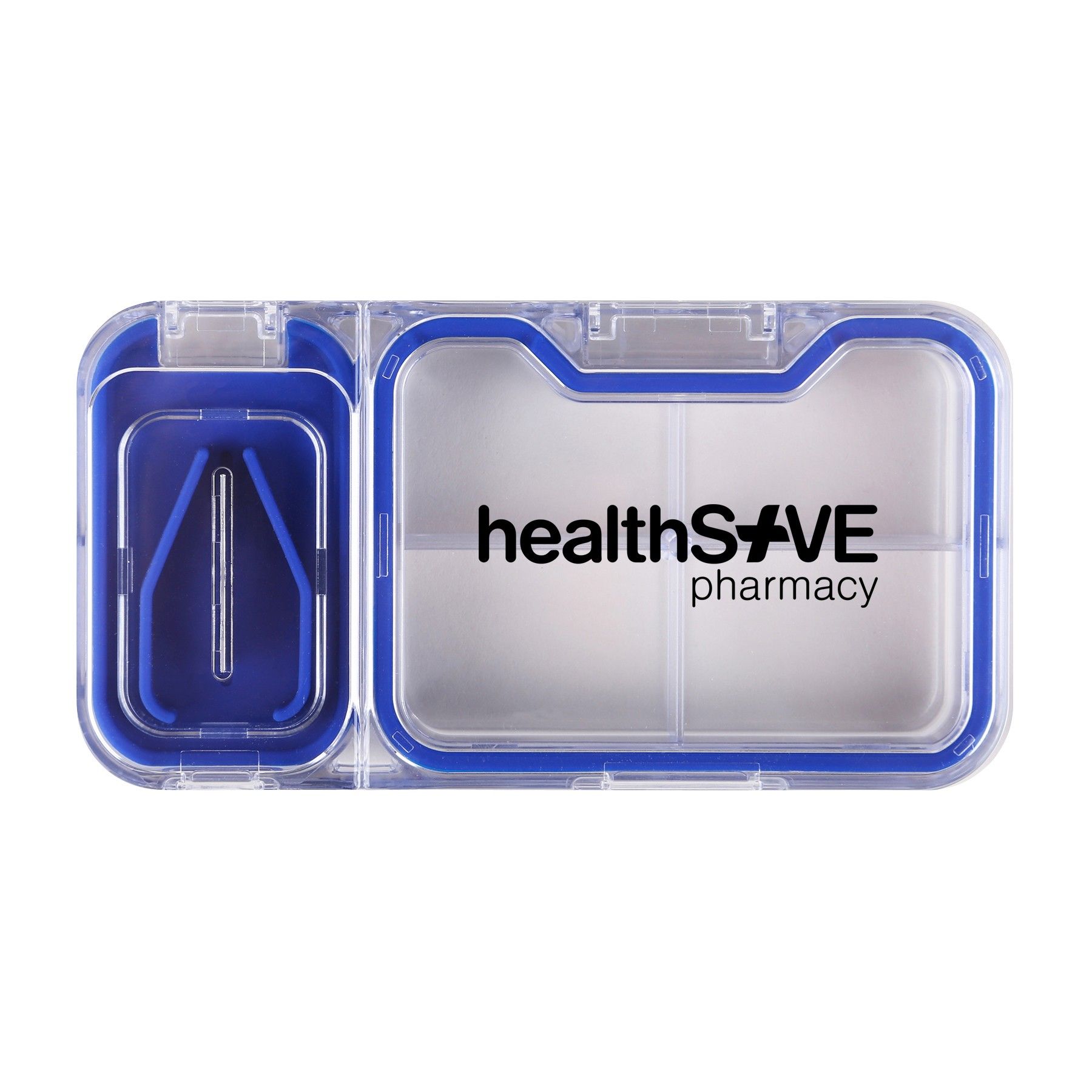 A healthsave pharmacy pill box with a pill cutter attached to it.