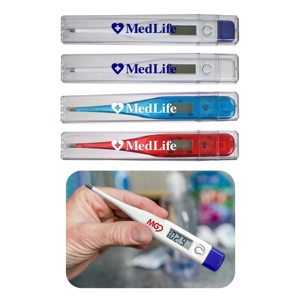 A person is holding a thermometer that says medlife on it