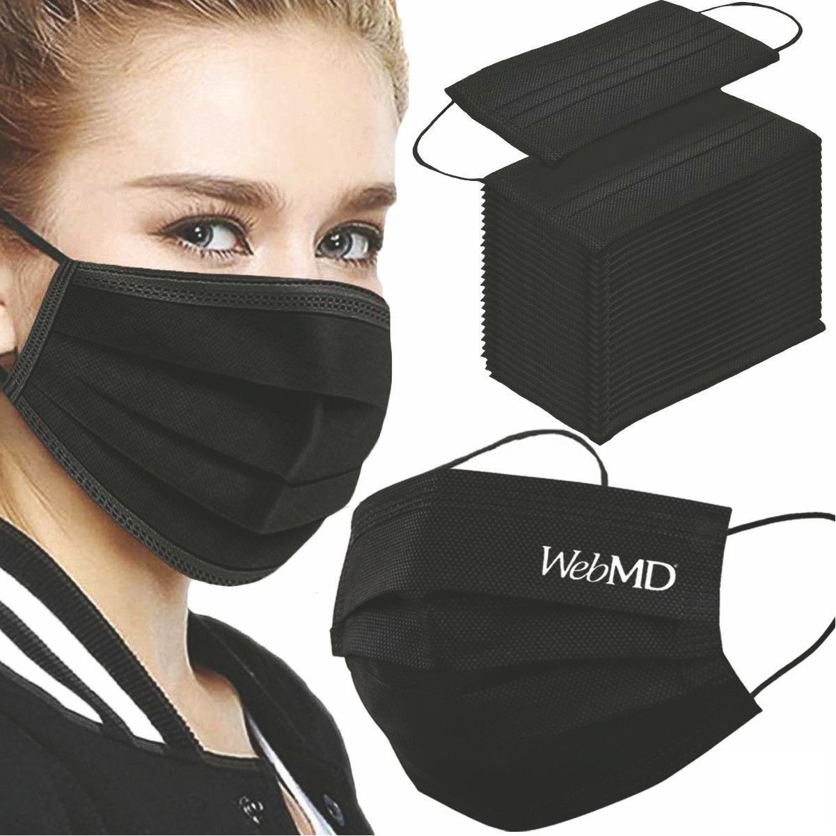 A woman wearing a black face mask that says webmd