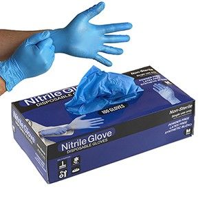 A person is wearing a pair of blue nitrile gloves.