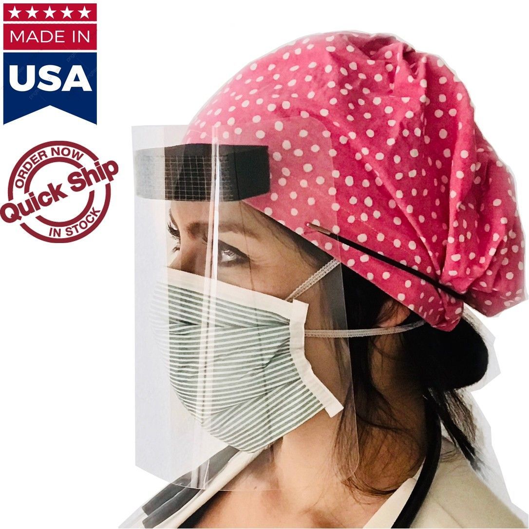 A woman wearing a mask and a face shield made in the usa