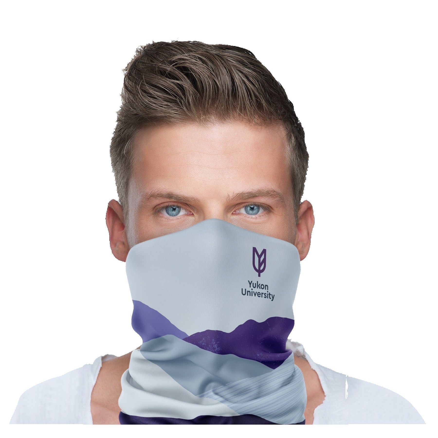 A man wearing a purple and white scarf around his neck.