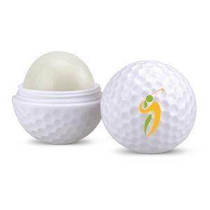 A golf ball shaped lip balm with a golfer on it.