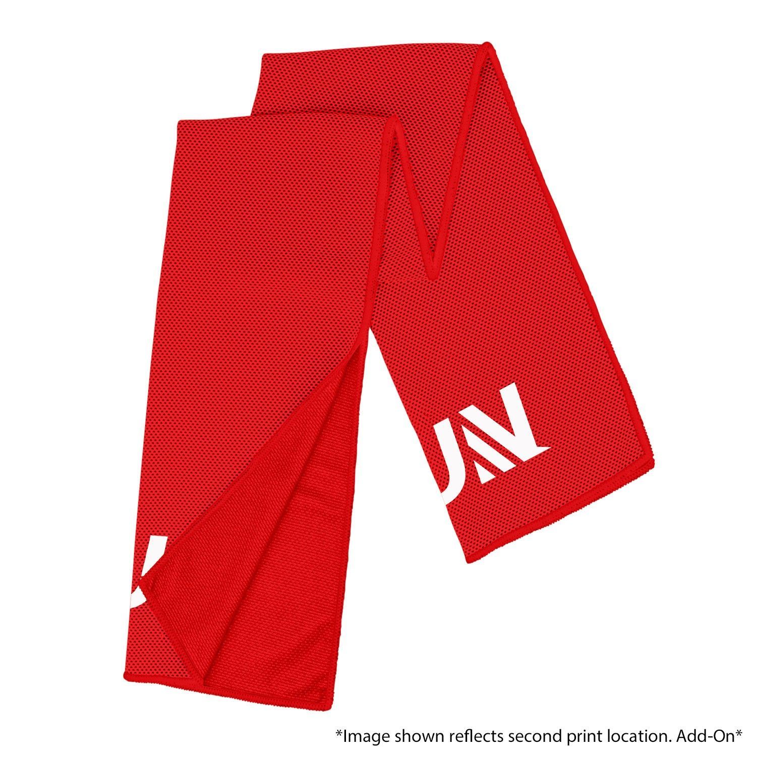 A red scarf with the word jan on it