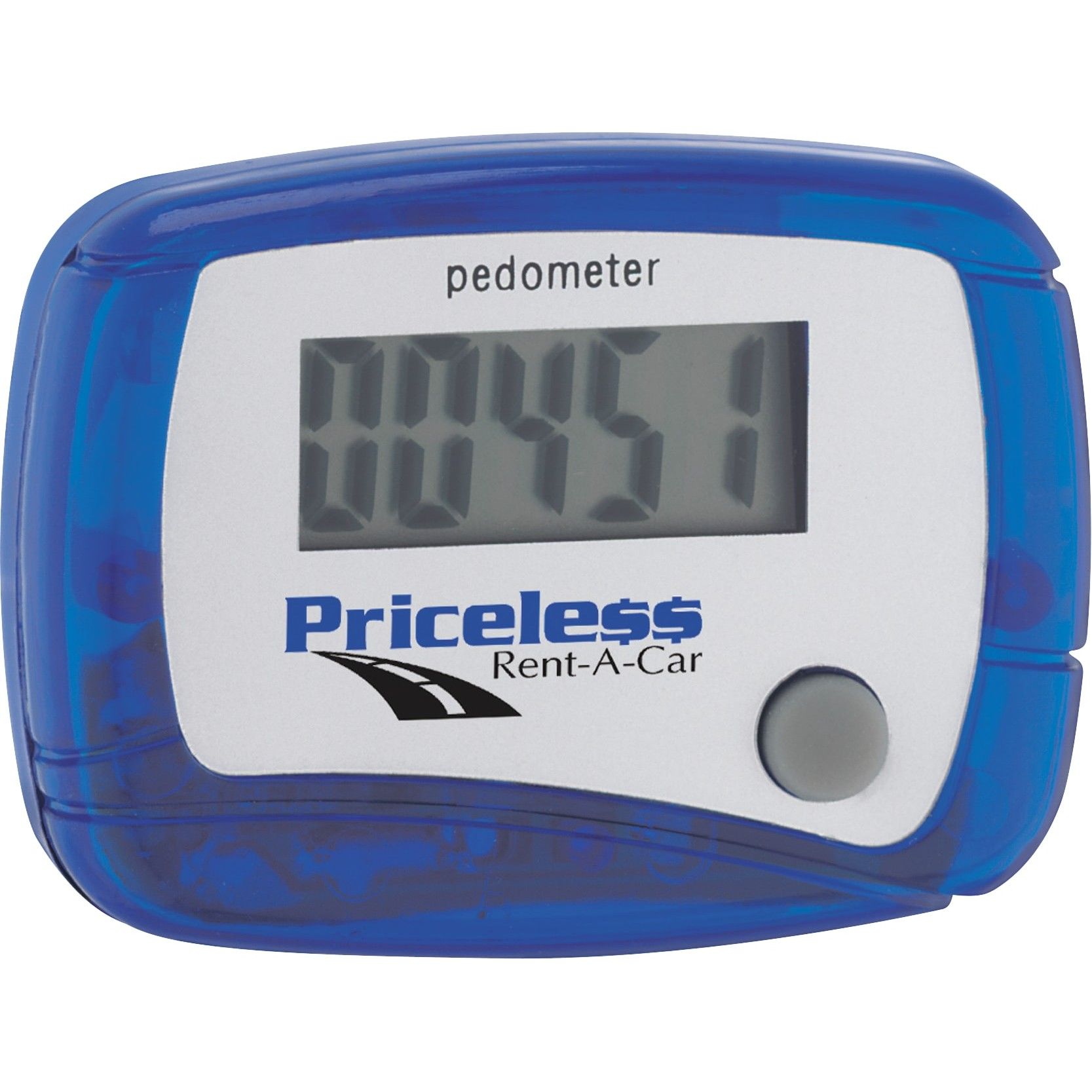 A blue and white pedometer that says priceless rent-a-car