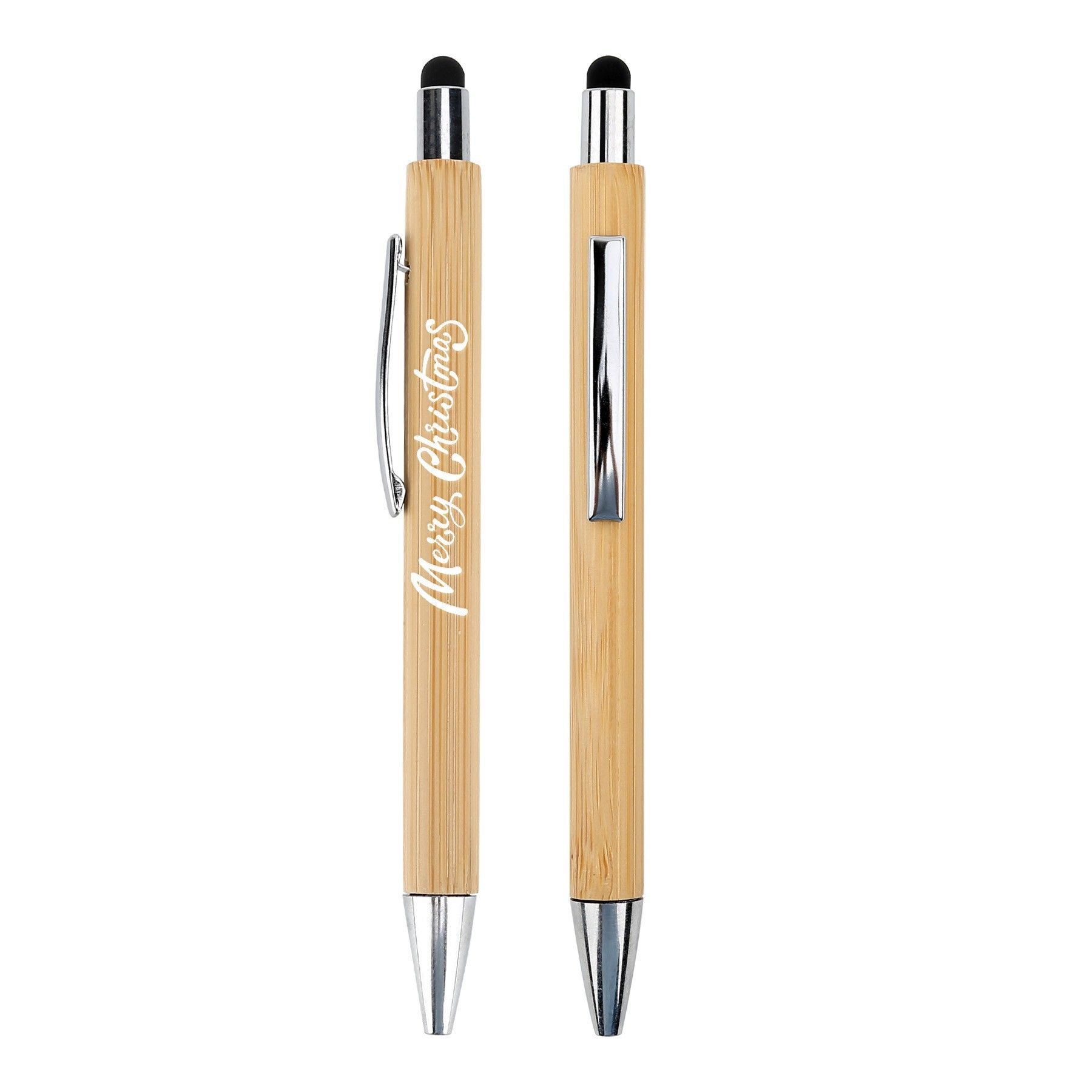 A bamboo pen with a stylus and the words merry christmas engraved on it.