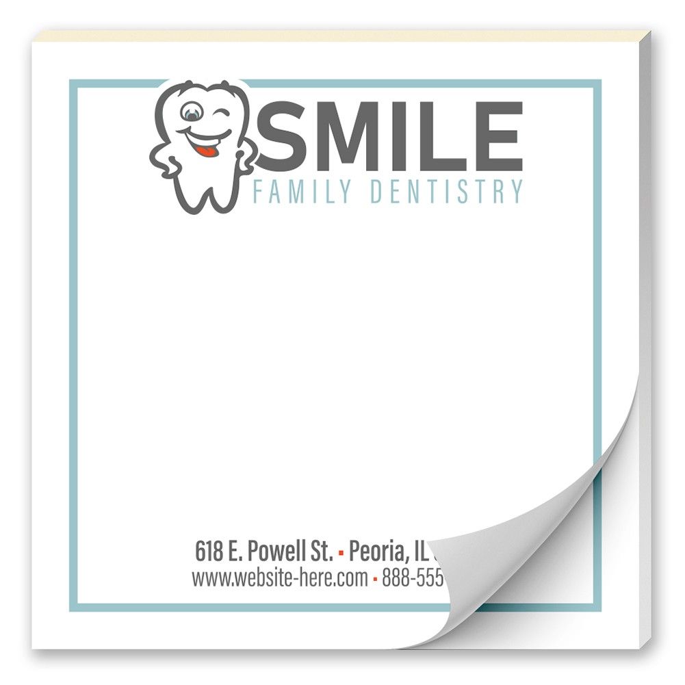 A sticky note for a family dentistry with a smiling tooth on it.