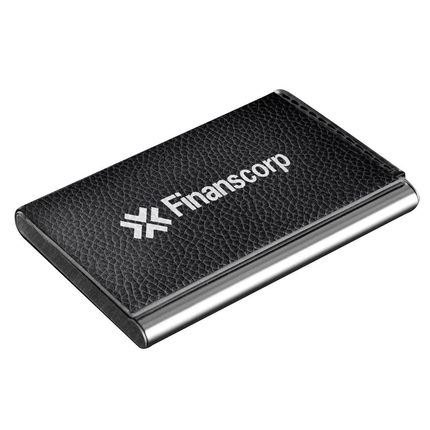 A black business card holder with the word finanscorp on it