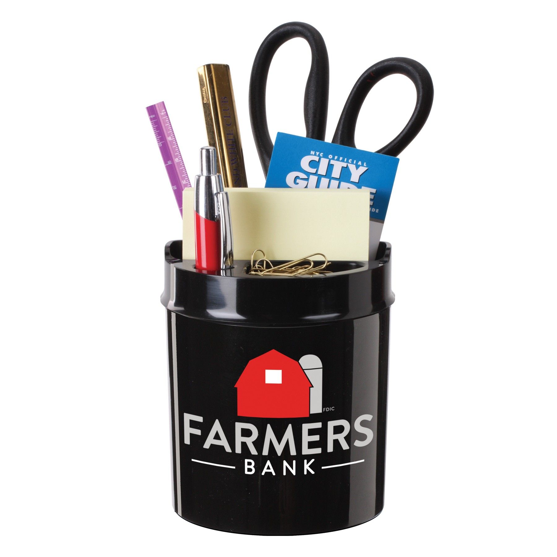A black container with the farmers bank logo on it