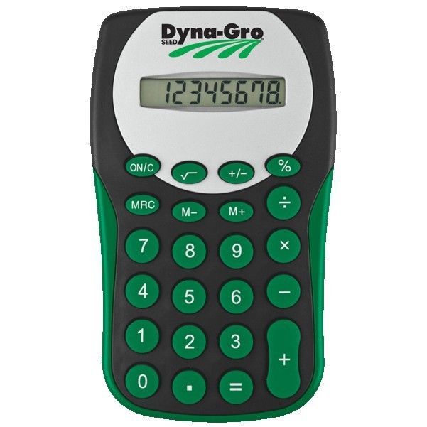 A black and green dyna-gro calculator with the numbers 12345678 on the screen