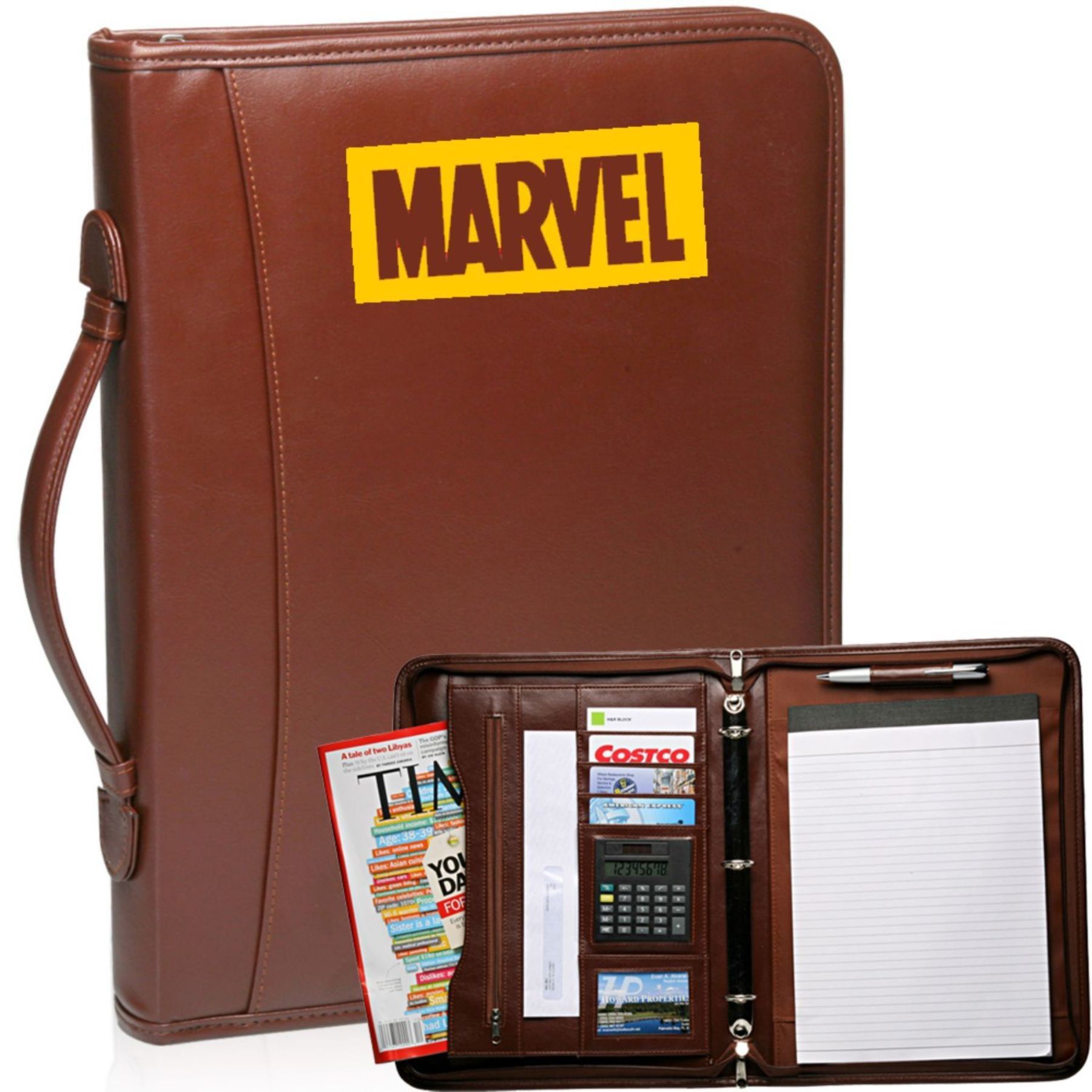 A brown leather binder with the word marvel on it
