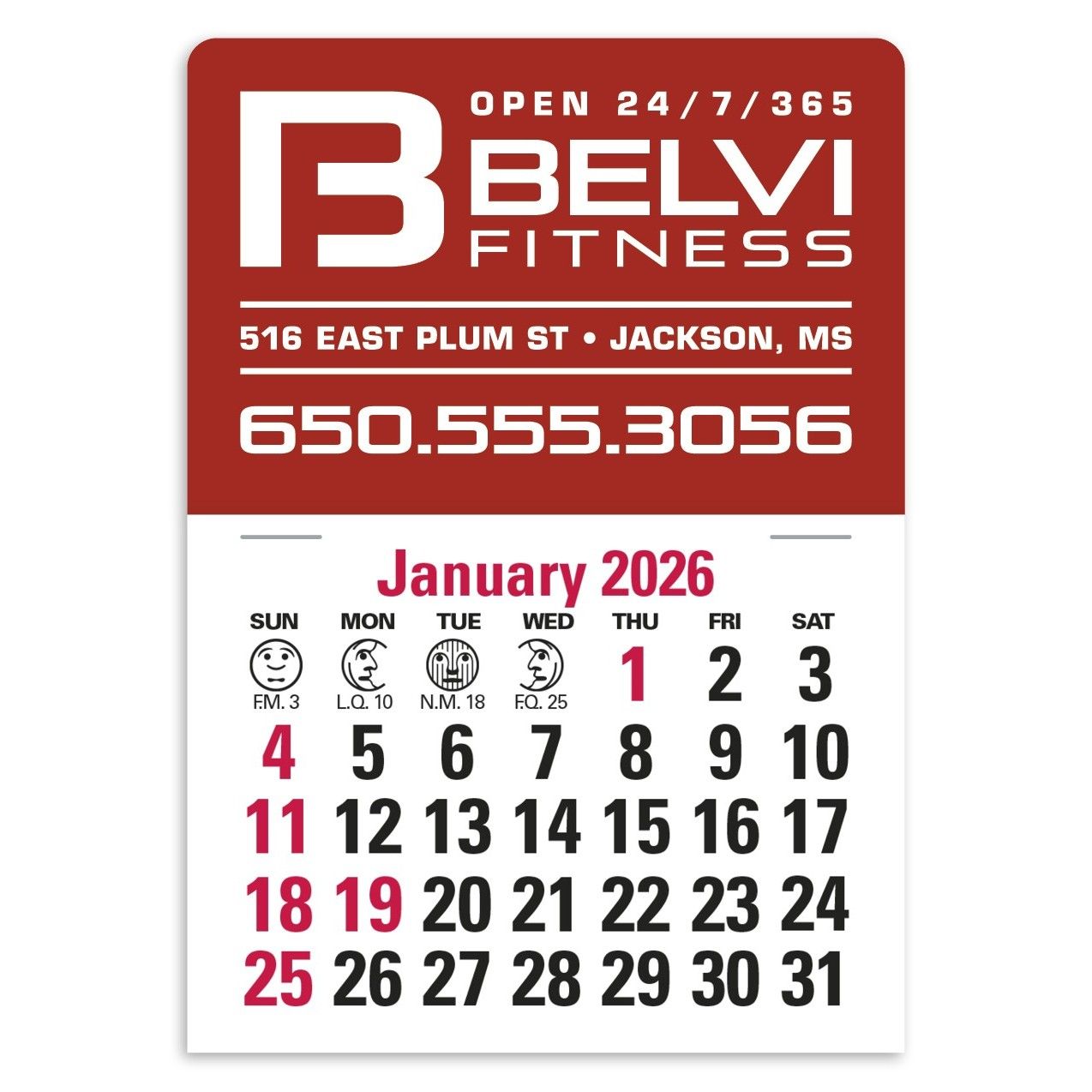 A red and white calendar for january 2026