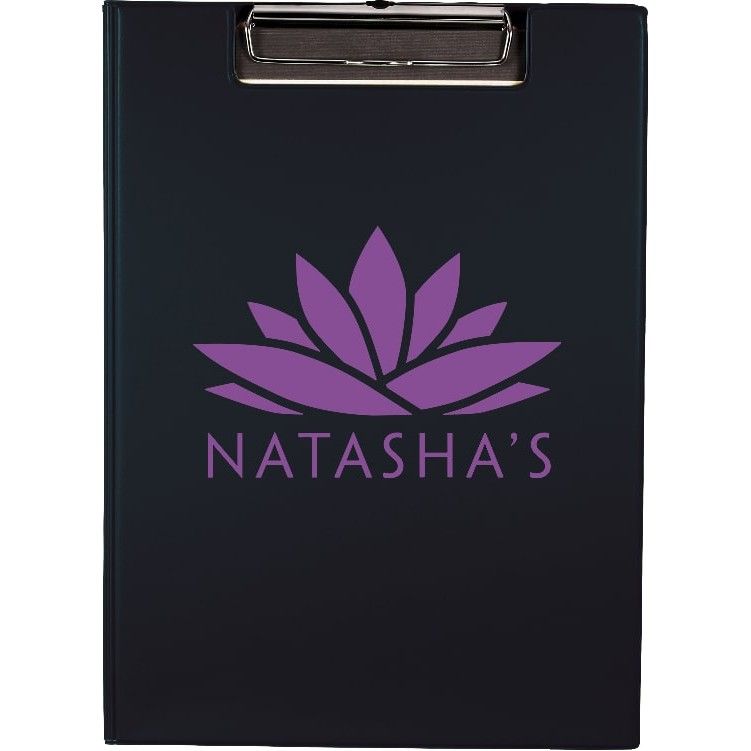 A black clipboard with a purple flower and the name natasha 's on it.