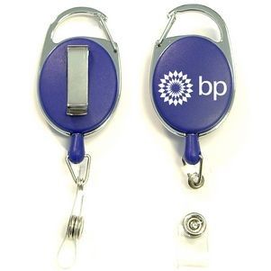 A blue badge reel with the bp logo on it