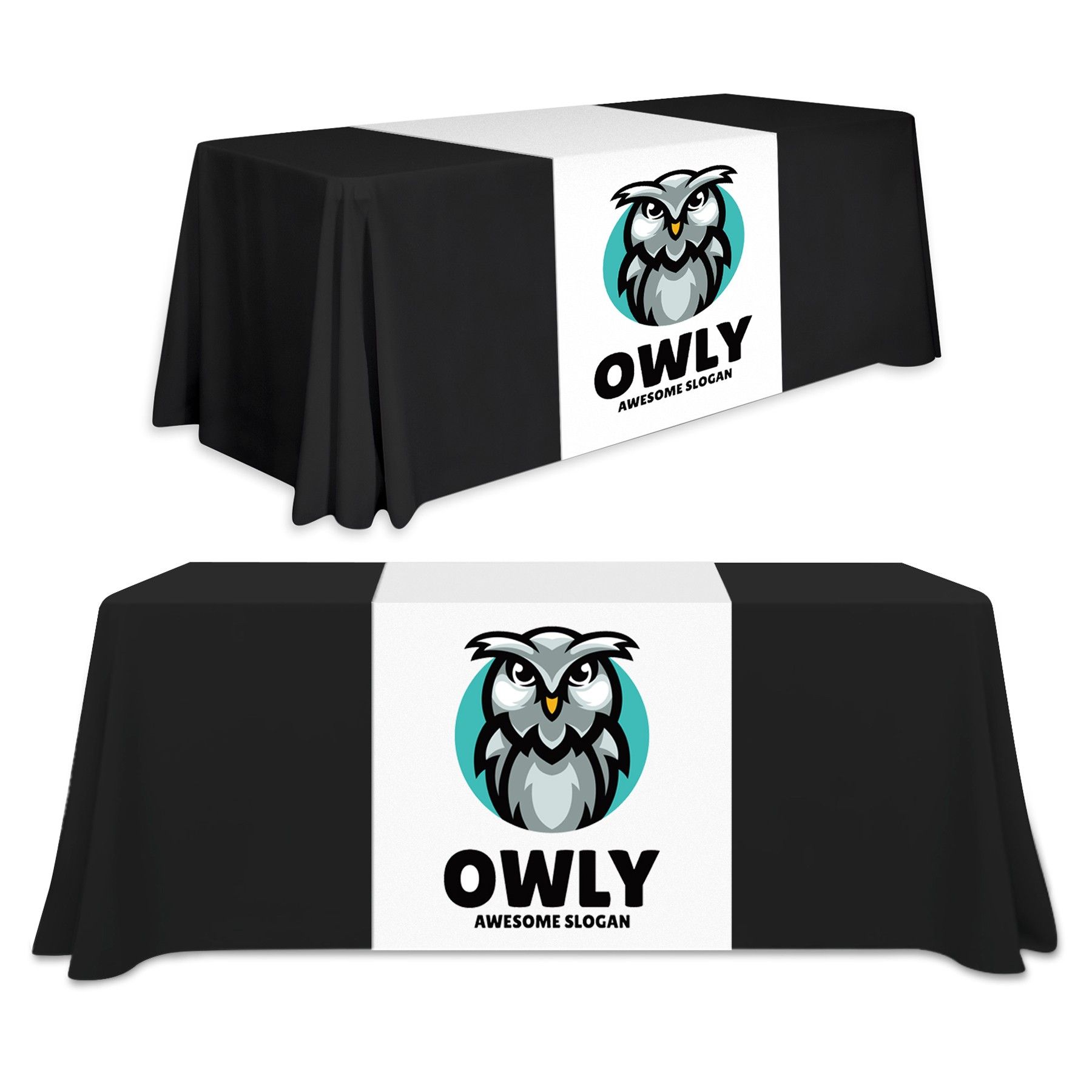 A table runner with an owl on it is on a table.