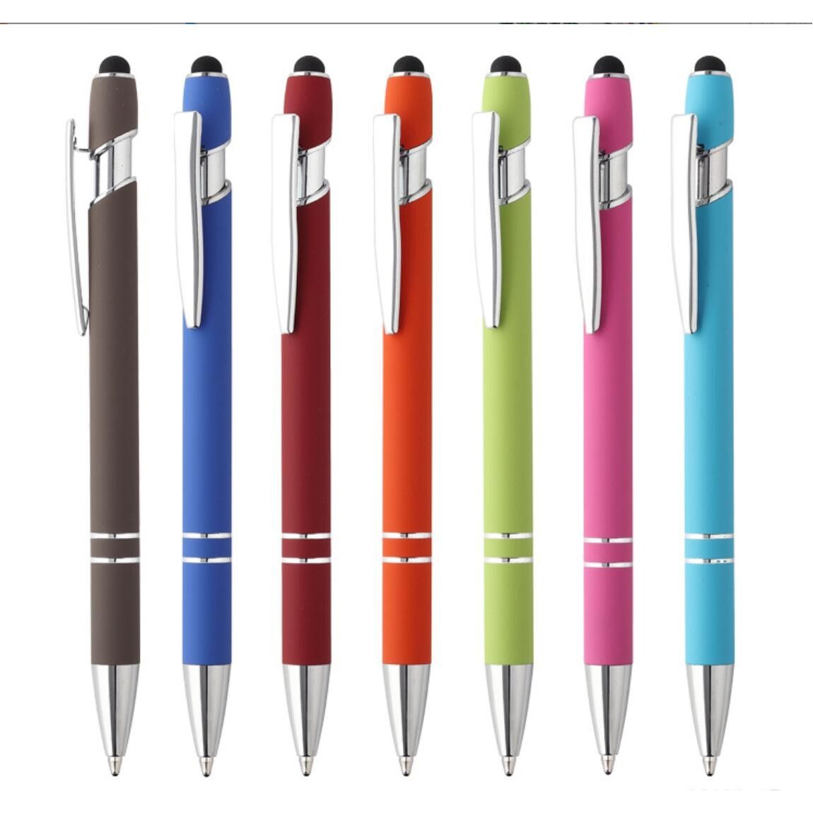 A row of colorful pens with a stylus on a white background.