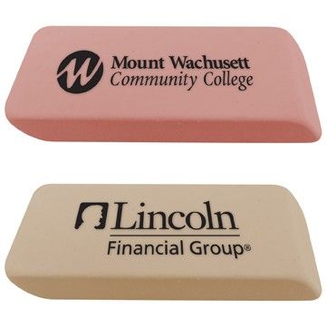 Two erasers with the words mount wachusett community college and lincoln financial group on them