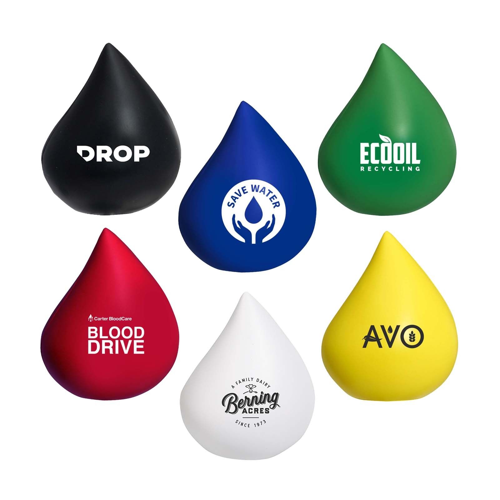 A group of teardrop shaped stress balls with different logos on them