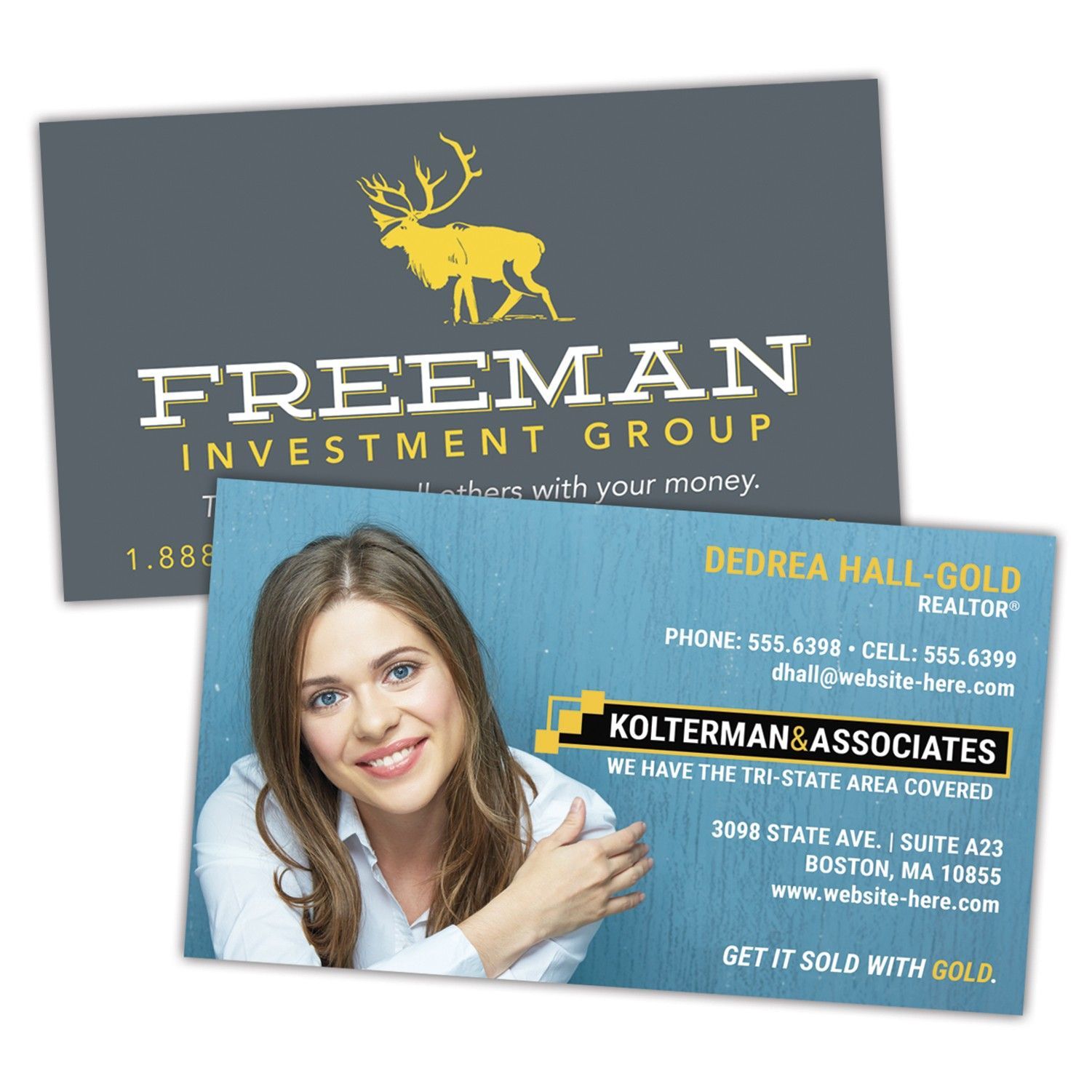 Two business cards for freeman investment group and kolterman & associates